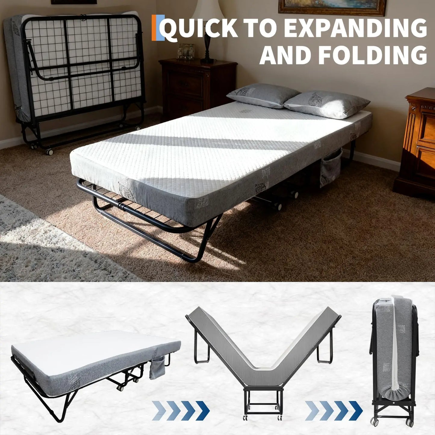 Folding Bed with Mattress, Portable Rollaway Bed with 4" Memory Foam Mattress for Adults, Foldable Guest Bed with Metal Frame, Fold Up, Roll Away, Space Saving for Outdoor
