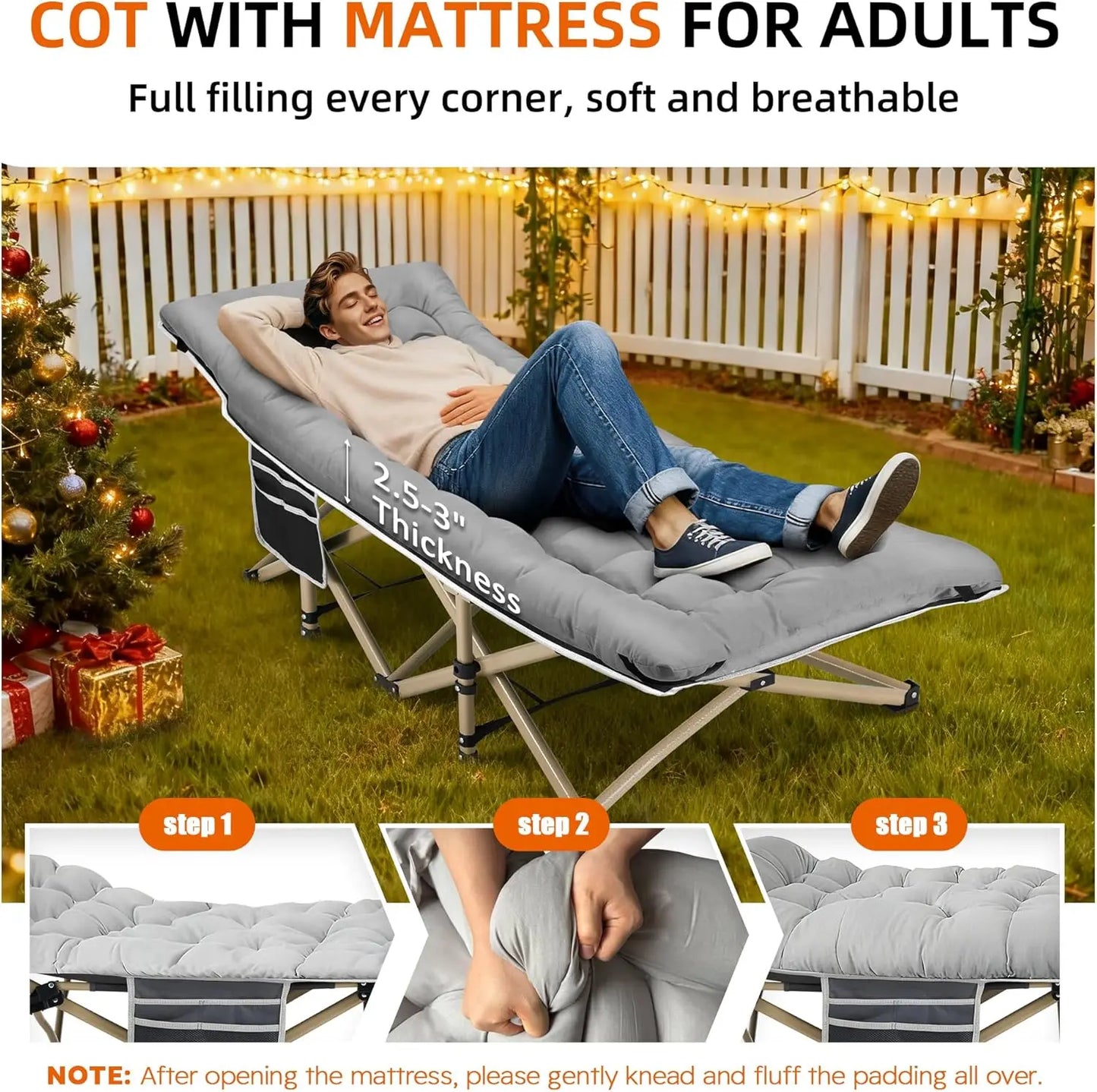 Extra Wide Camping Cot 600LBS, Folding Bed with Thick Mattress for Outdoor/Home Nap