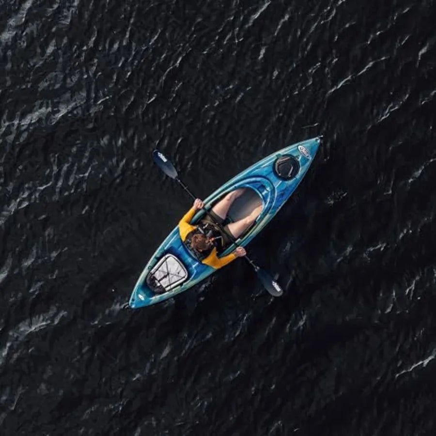 Recreational sit-in kayak for calm water use, lightweight patented Ram-X material, black color, ergonomic Ergobreeze seating sy