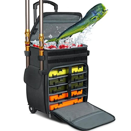Rolling Tackle Box with Cooler Large Fishing Bag with Wheels for 5 Trays Trays Not Included Saltwater Resistant Tackle Backpack