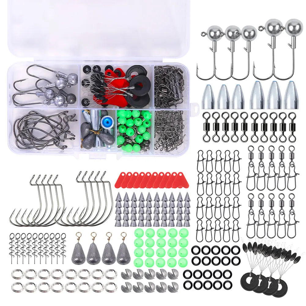 170pcs Fishing Tools Accessories Kit Set with Fishing Box Fish Hooks Swivels Sinkers Fishing Gear Set Gift for Men