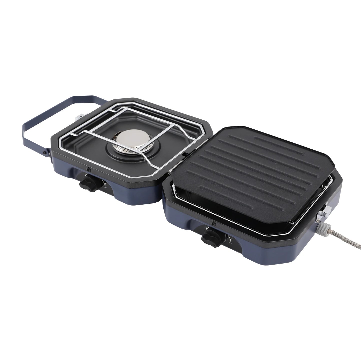 Foldable Camp Stove with Grill Pan, 2-Burners Portable Stove for Camping, BBQ Outdoor Gas Cooker, Dual Control Knobs