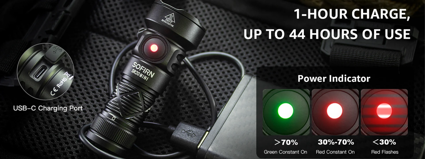 New SOFIRN SR20 MINI 1200lm Flashlight 18350 USB C IP68 Waterproof with Red LED Key Light for Camping Emergency Situations