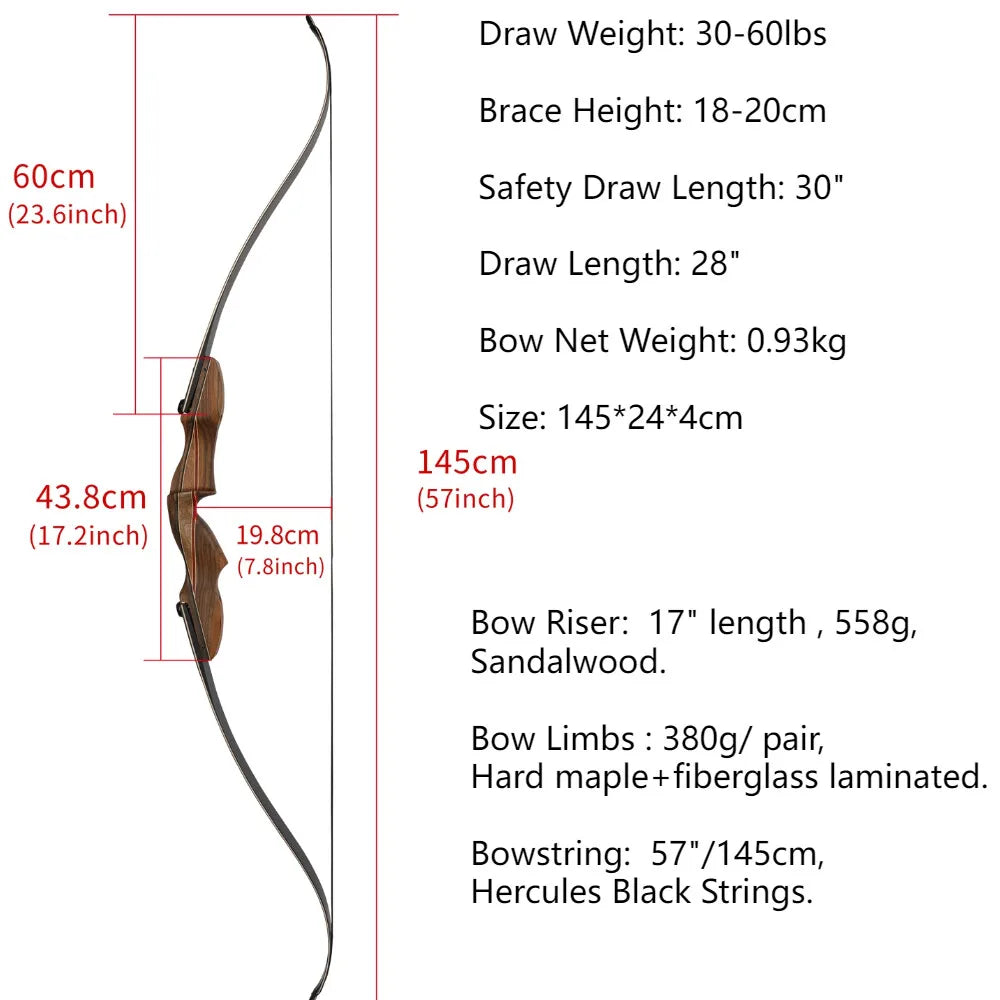 Archery Recurve Split Bow ILF 60 Inch 30-60lbs Right Hand Detachable Wood Riser for Archery Outdoor Hunting Shooting Sports